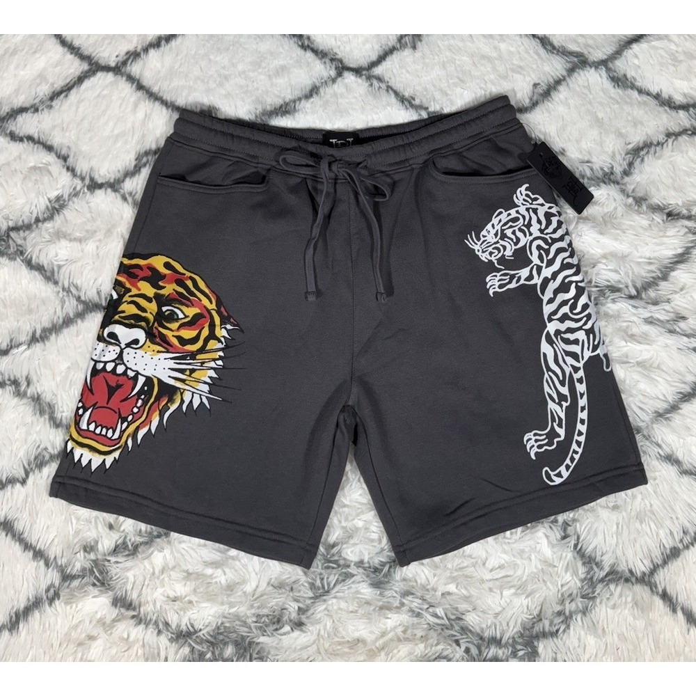 ED‎ HARDY Screaming Tiger Fleece Sweat Shorts Charcoal Gray Men's Sz L *NEW* $65